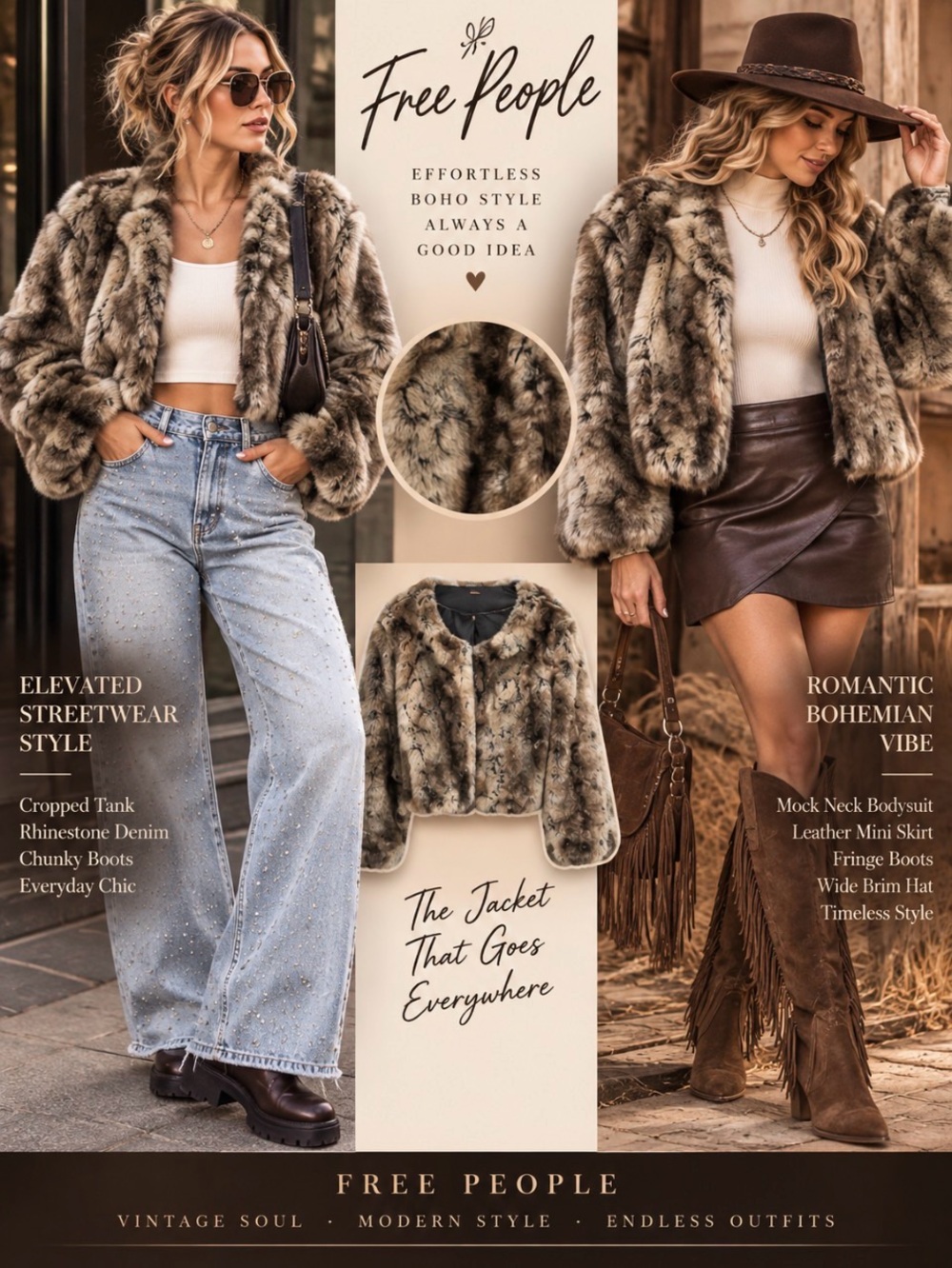 Free People Cropped Faux Fur Jacket Brown Grey Hook Closure Plush Size M